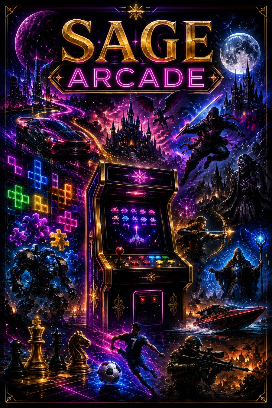 SAGE Arcade worlds of play with an arcade cabinet, racing, puzzles, fantasy, strategy, sports and dark adventure
