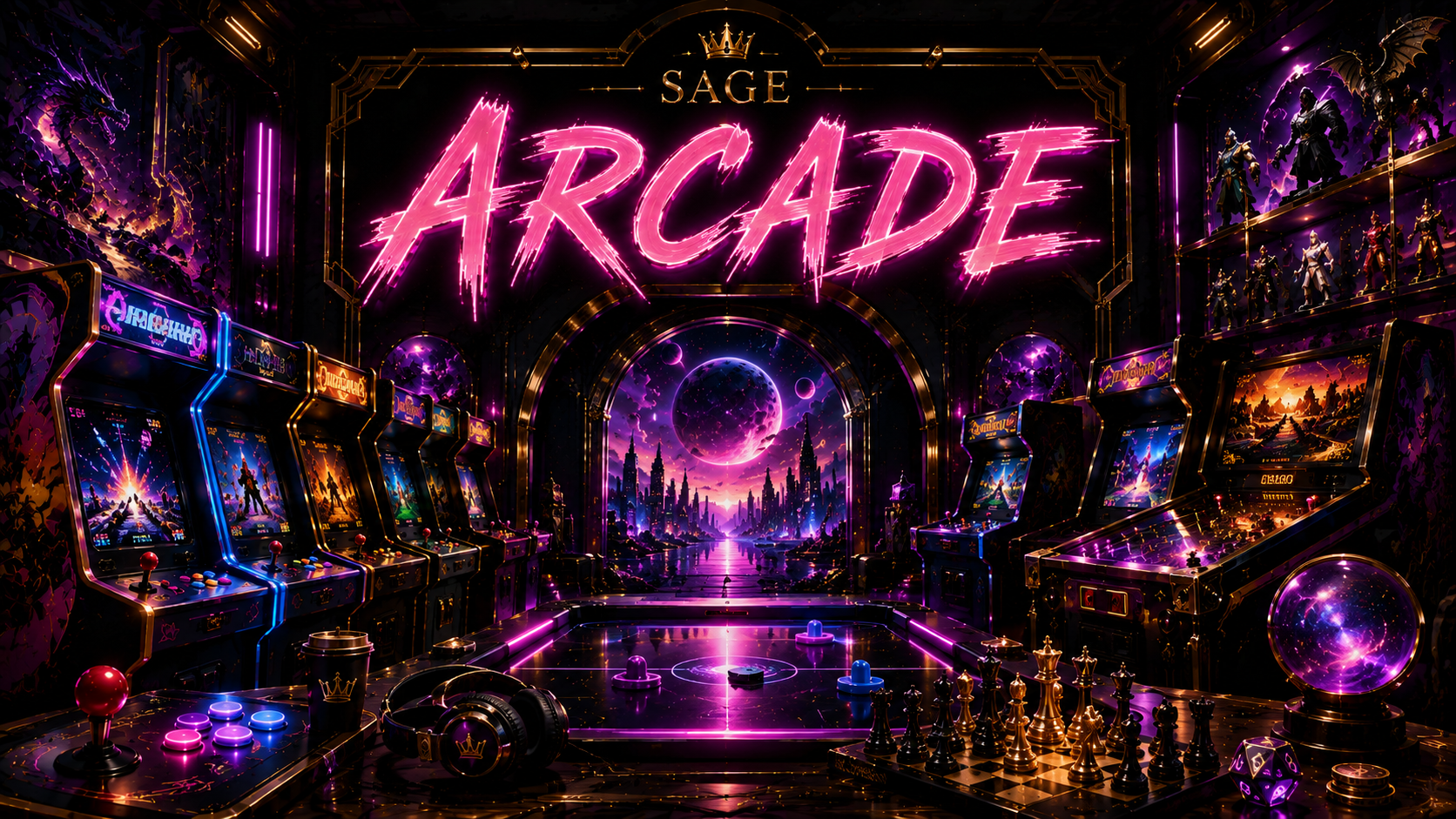 A grand neon SAGE Arcade hall with arcade cabinets, fantasy worlds, chess and a celestial gateway